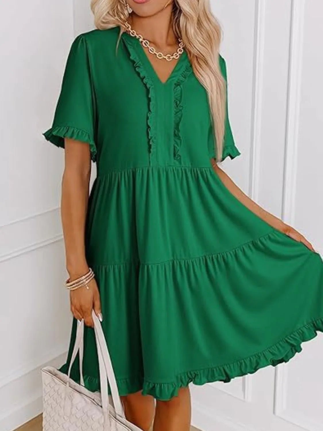Tiered Notched Short Sleeve Mini Dress - Bela Fils BoutiqueBela Fils Boutique